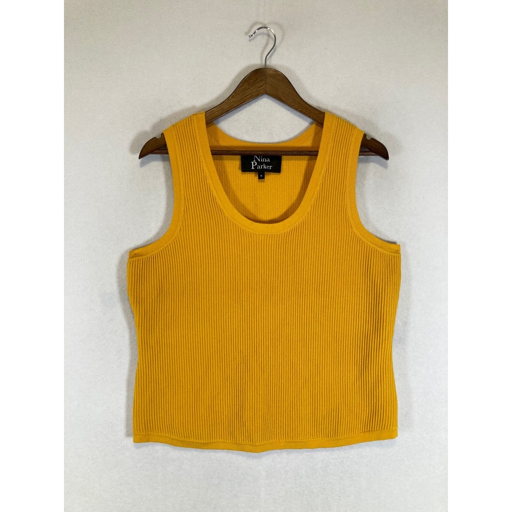 Vibrant Ribbed Nina Parker Women 1X Mustard Yellow Scoop‎ Neck Knit Tank Top